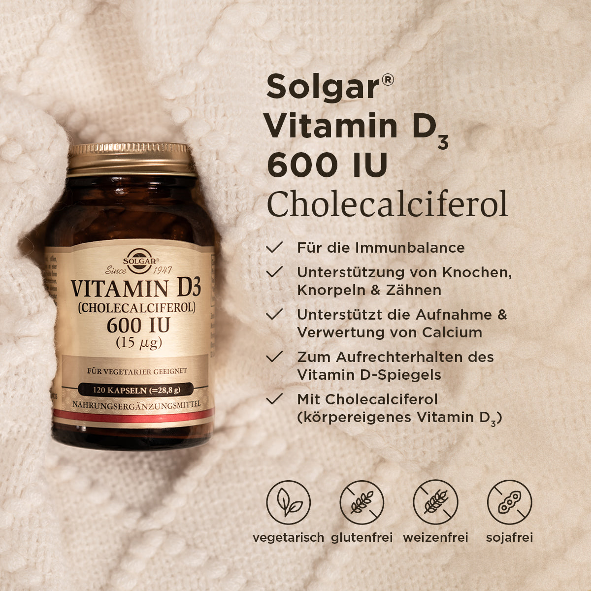 Grafik der Benefits der Solgar Vitamin D3 Kapseln