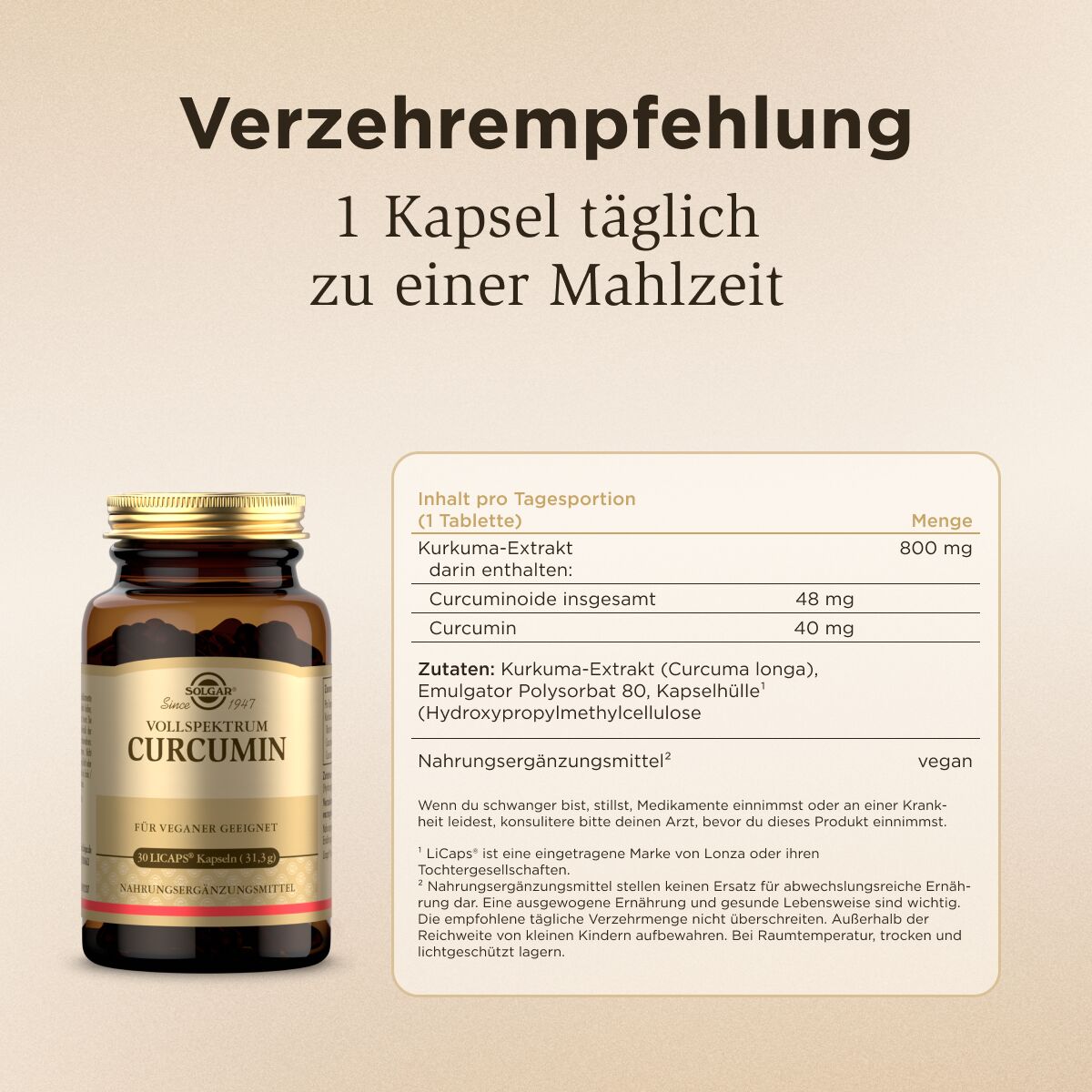 Solgar Curcumin Inhaltsstoffe als Tabelle