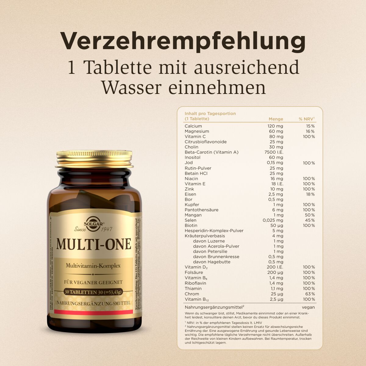 Solgar Multi-one Inhaltsstoffe als Tabelle