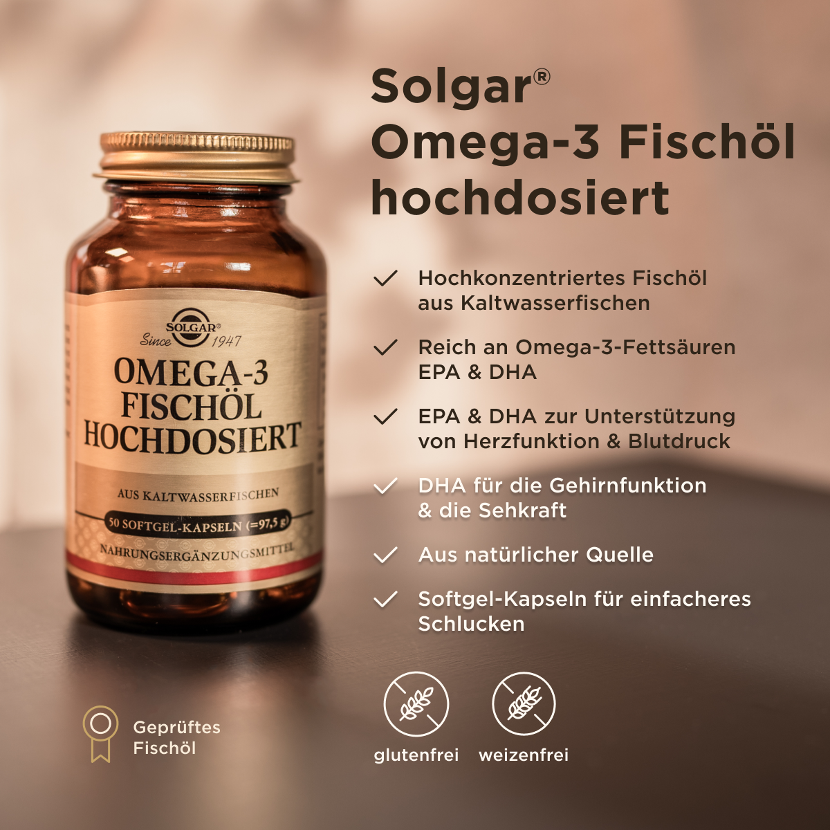 Grafik mit den USPs vom hochdosierten Solgar Omega 3 Fischöl