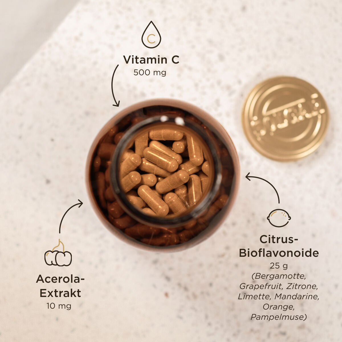 Geöffnete Bottle von oben und die Inhaltsstoffe