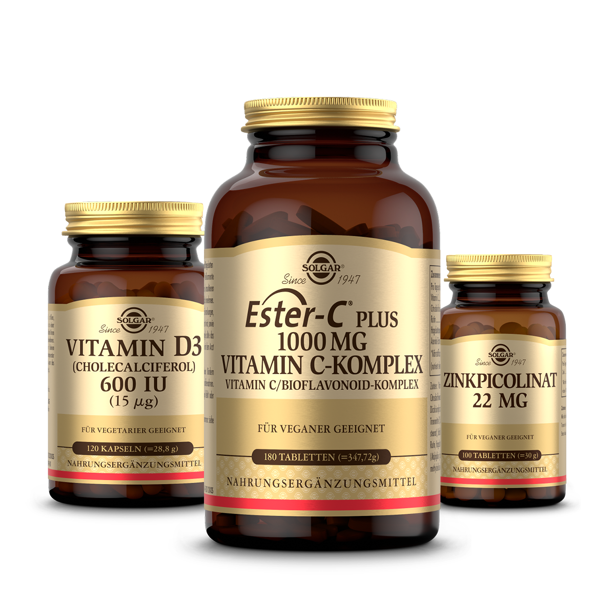 Solgar Immun Bundle bestehend aus dem Vitamin D3 (120 Tabletten), Ester-C Plus 1000mg (180 Tablette) und dem Zinkpicolinat (100 Tabletten)