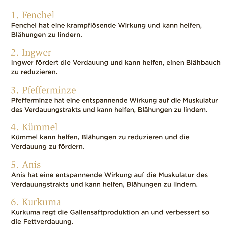 Liste von Gewürzen, die gut bei einem Blähbauch sind